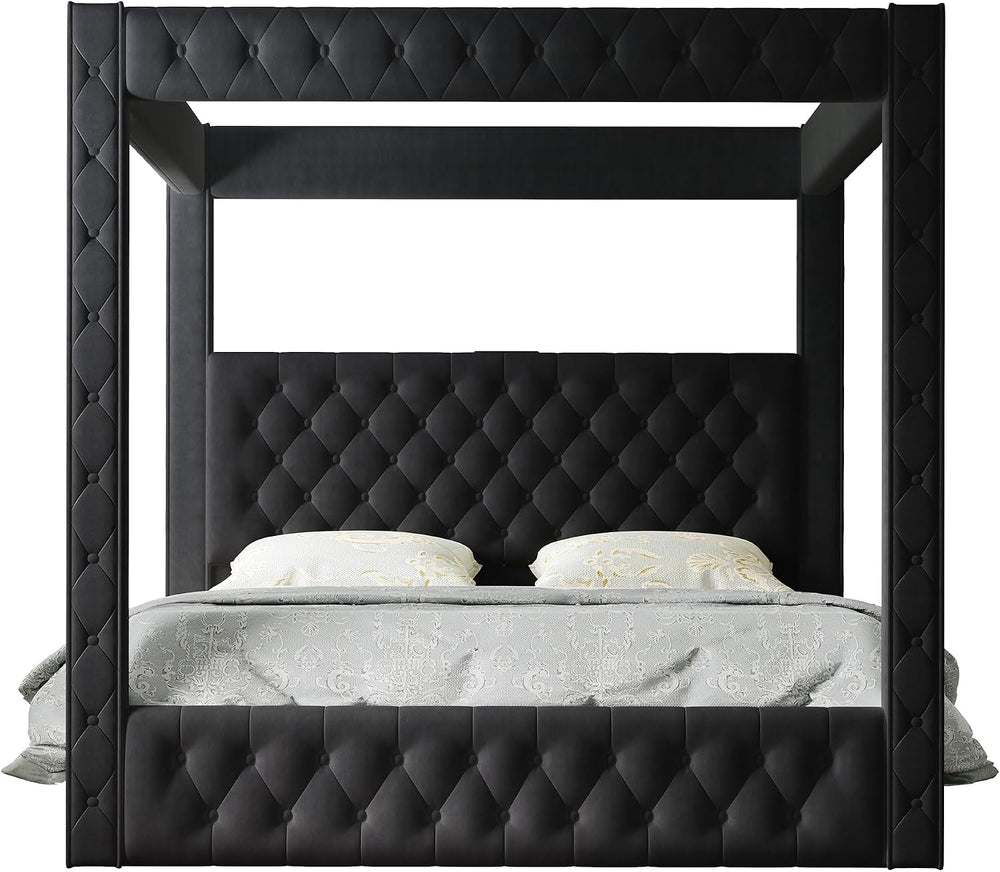 Jocisland King Canopy Bed Frame Velvet Upholstered Headboard, Black