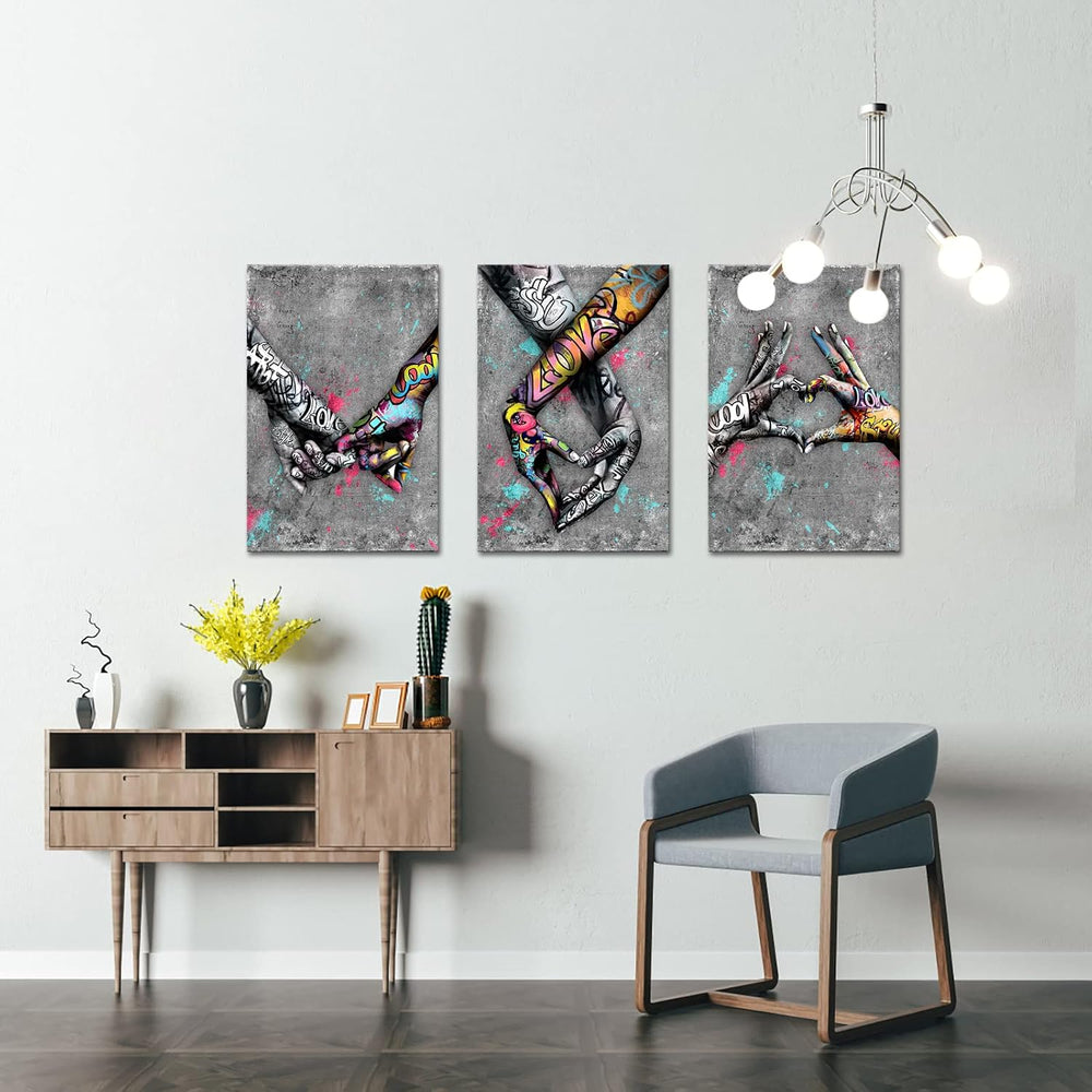 Canvas Set of 3 Street Art Gesture Heart Graffiti Art Canvas Oil Painting Lov...