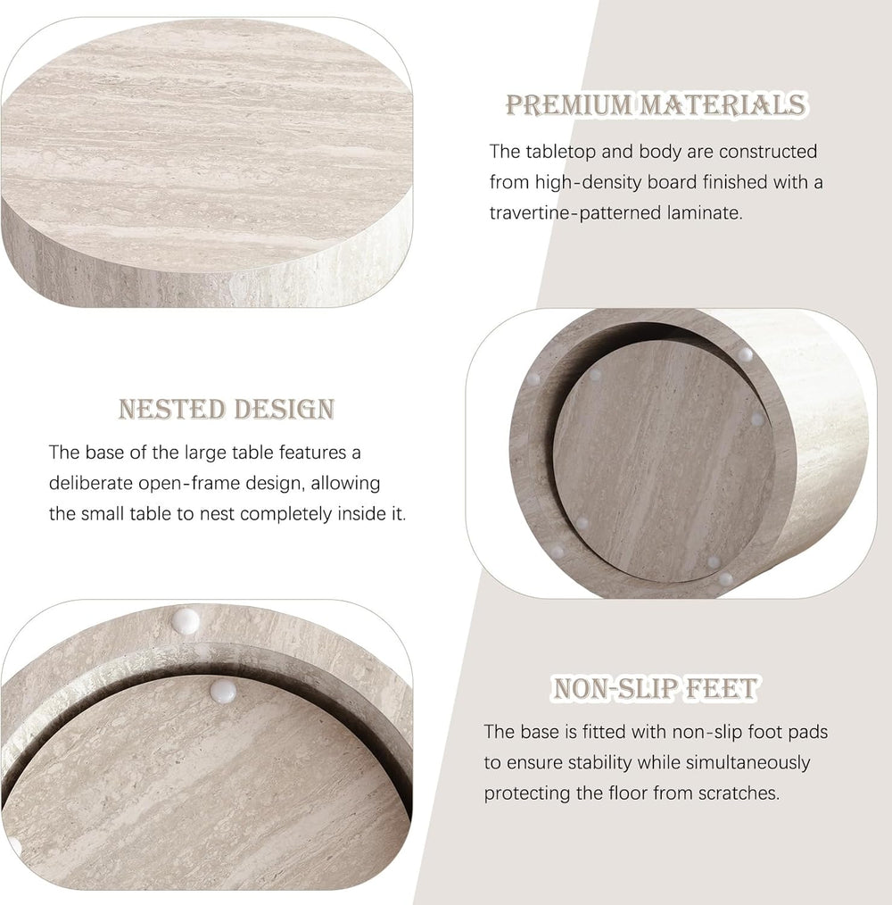 Modern Nesting Coffee Table Set of 2 Round Travertine Finish Nesting Tables S...