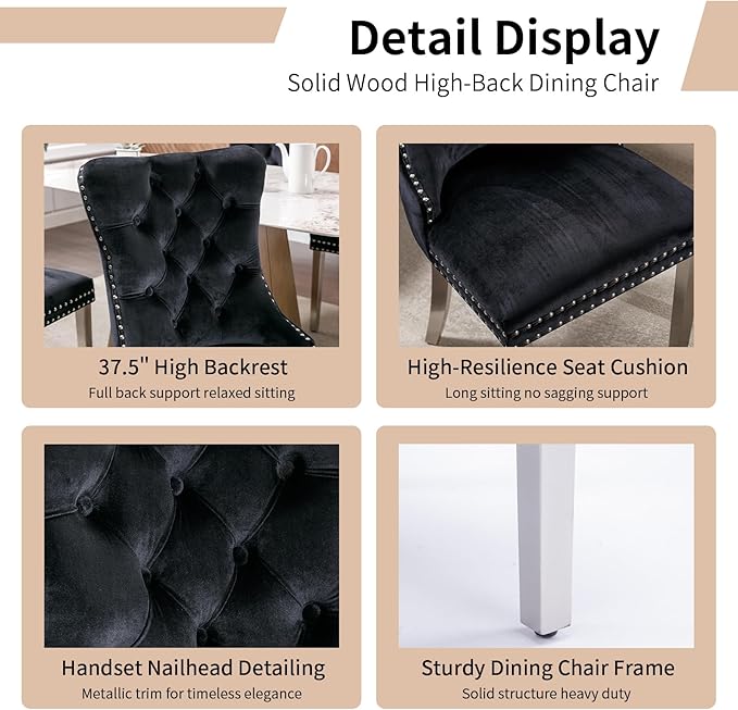 Luxury Upholstered Dining Chairs Set of 4, Black Kitchen Chair with Silver Me...