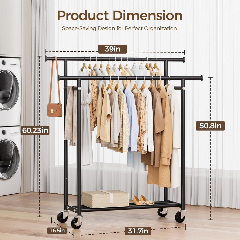 HYSEYY Clothes Rack, Double Rods Rolling Clothing Rack for Hanging Clothes, P...