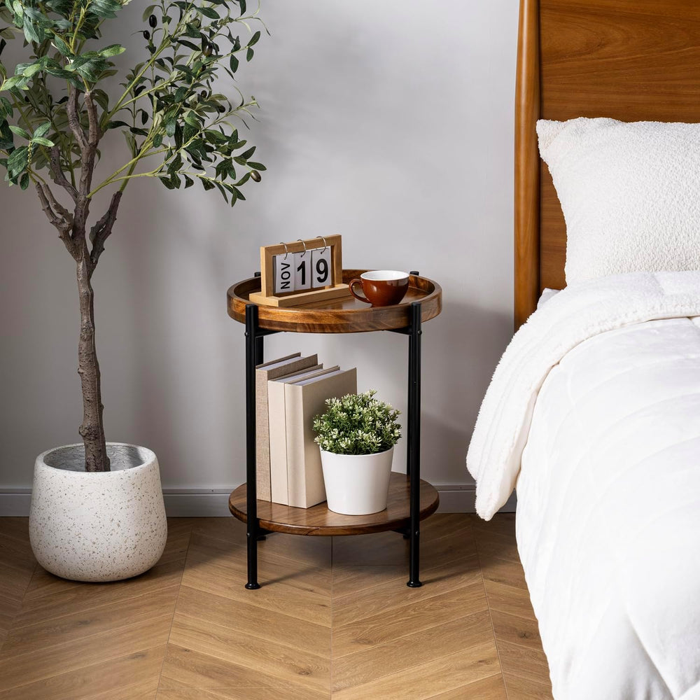 MyGift 2 Tier Round End Table with Premium Acacia Solid Wood Shelf and Black ...