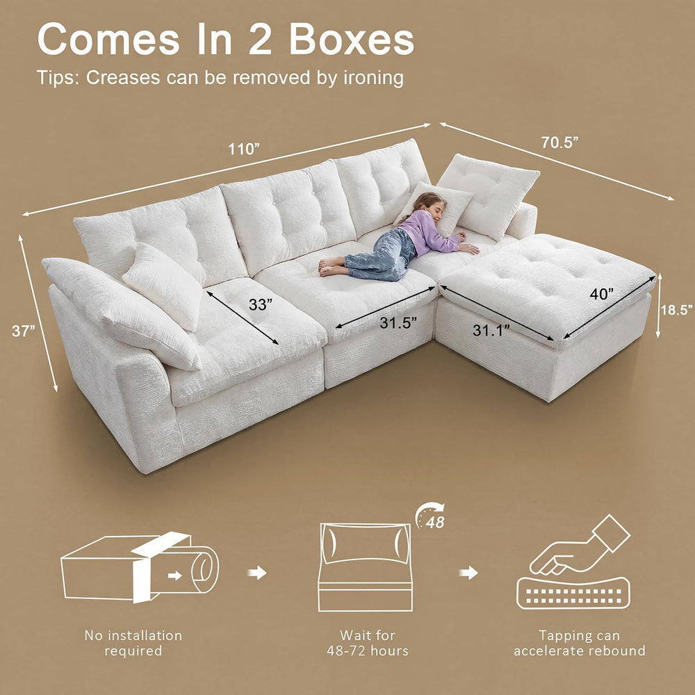 110" Oversized Cloud Sectional Couch, Modular Chenille L-Shaped Compress...