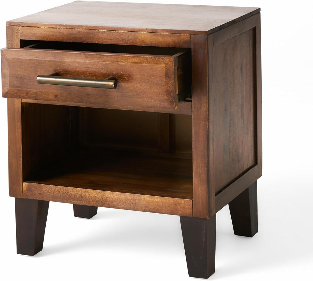 roomfitters Industrial Brown Acacia Wood End Table, Luxury 1-Drawer Storage N...