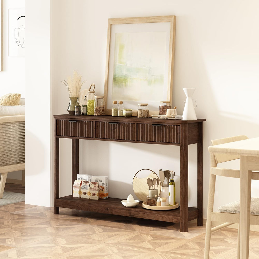 RUSTOWN Fluted Wood Console Table with 3 Drawers, 47.2" Boho Entryway Ta...