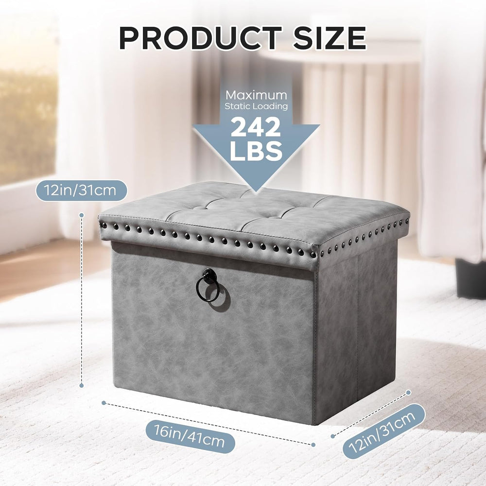 Storage Ottoman Cube 16x12x12 inches, Small Faux Leather Tuffed Foot Rest Sto...