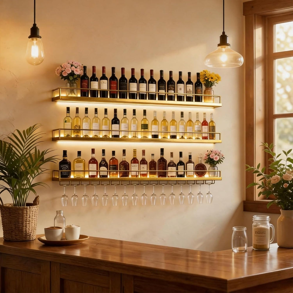 55in Wall Mounted Wine Rack, 3-Tier Metal Floating Bar Shelves with LED Light...
