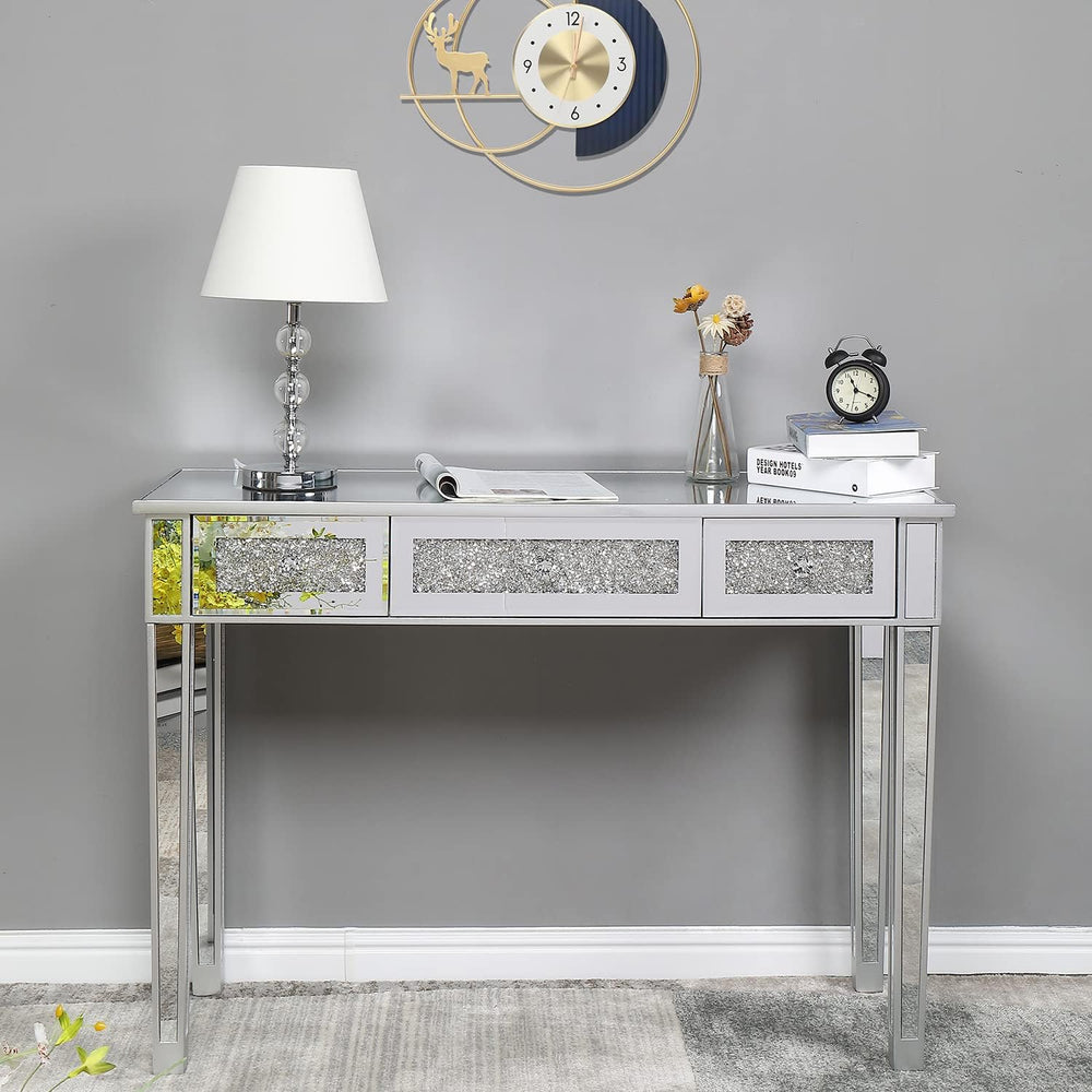 VINGLI Silver Mirrored Vanity Desk, Makeup Vanity Desk, Glass Desk with 3 Dra...