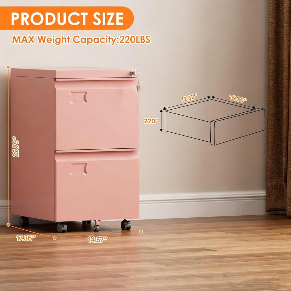 METAN 2 Drawer Metal File Cabinet with Lock, Mobile Rolling Filing Cabinet fo...
