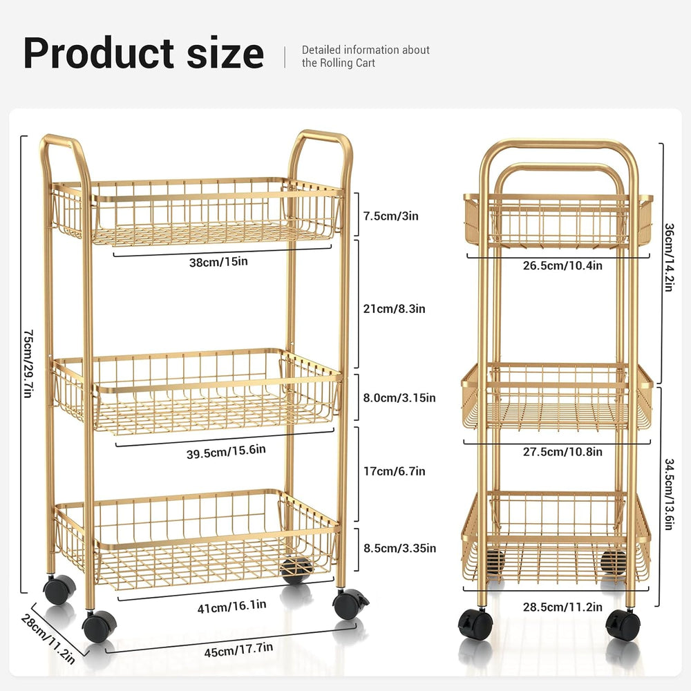 3 Tier Rolling Utility Cart, Storage Trolley Service Cart with Wheels Easy As...