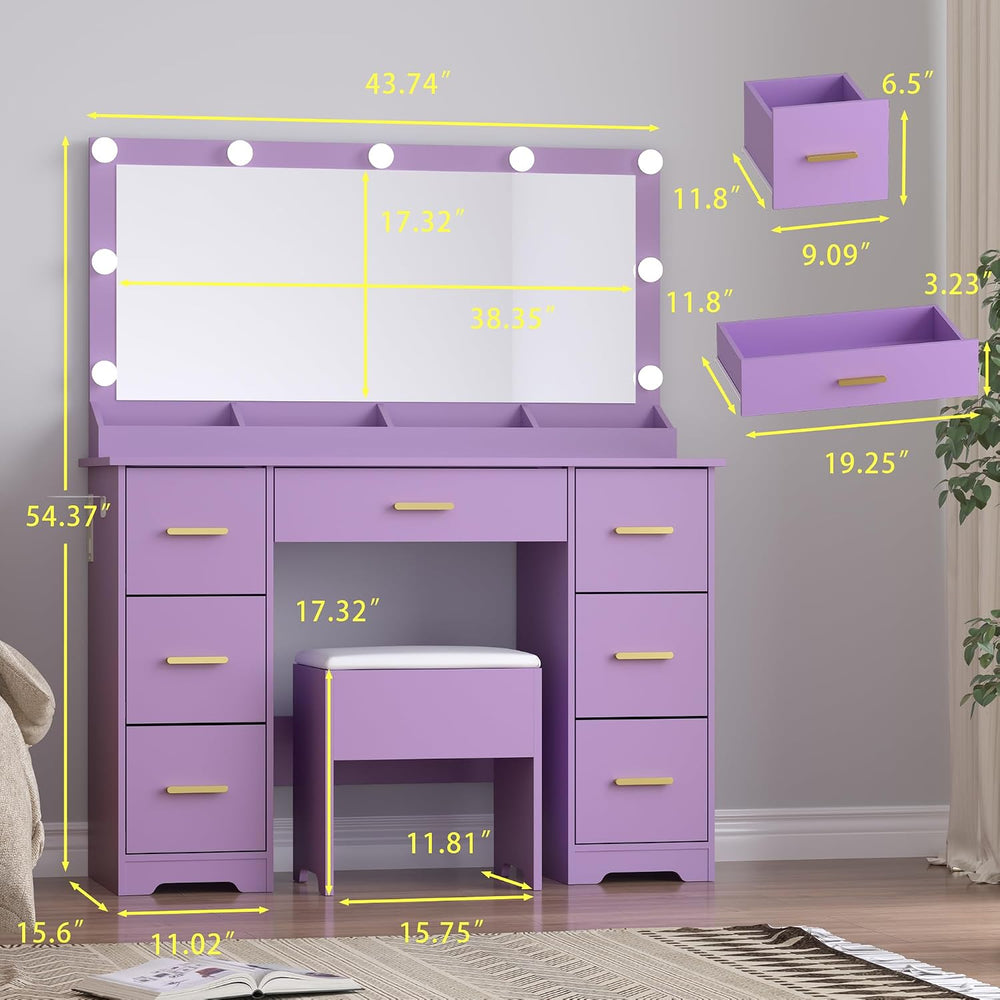 BORNOON Makeup Vanity with Large Lighted Mirror and Chair, 7 Drawers Vanity M...