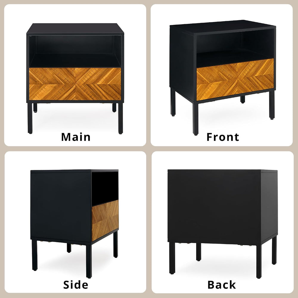 Bme Vivian Solid Wood Nightstand, End Table, Bedside Table with Herringbone P...