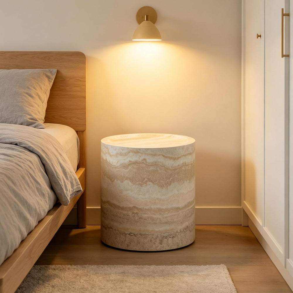 Marble-Effect Cylindrical Side Table Lightweight Fiberglass & Resin Accen...