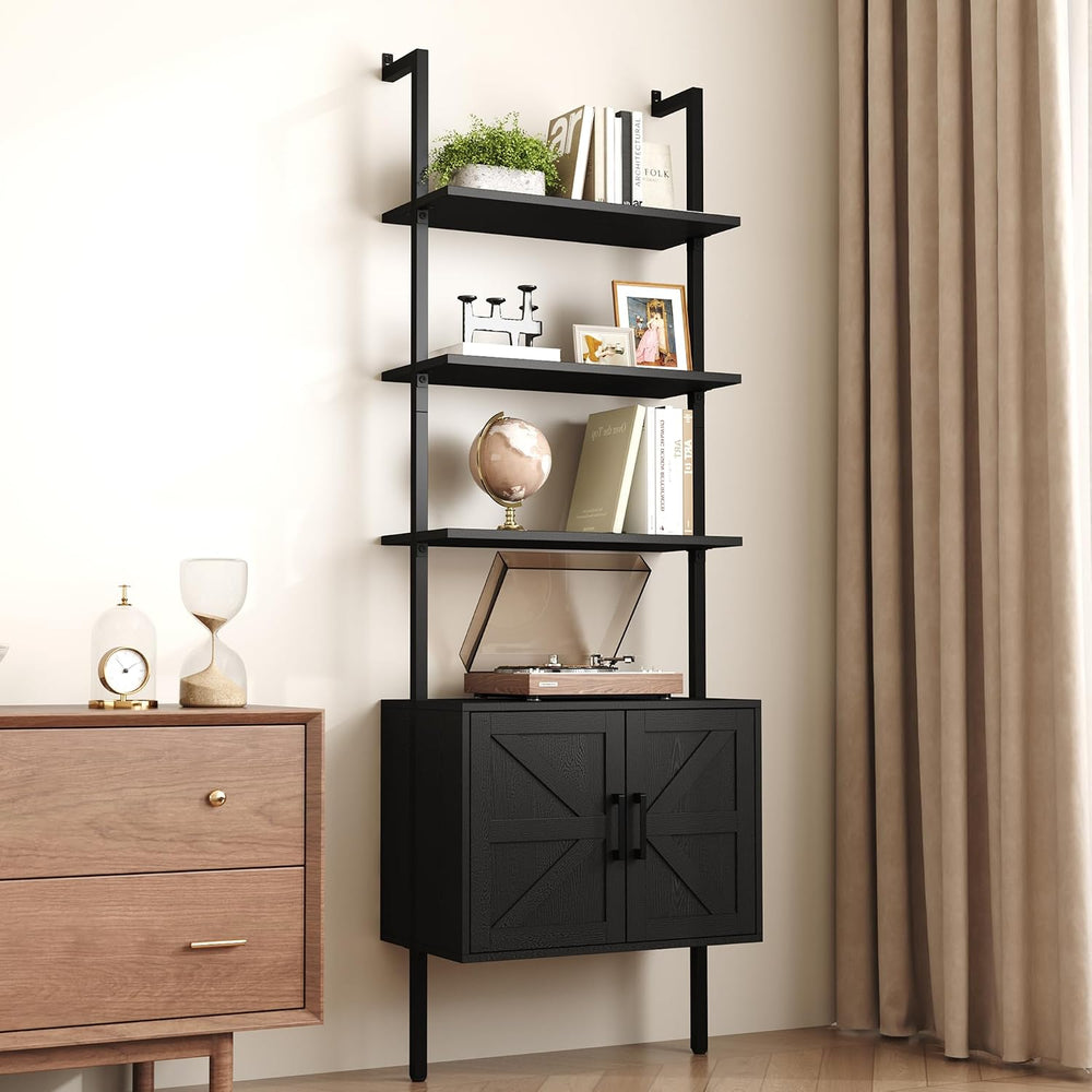 Yusong 73" Tall Bookshelf with Cabinet, Industrial Ladder Wall Mount She...