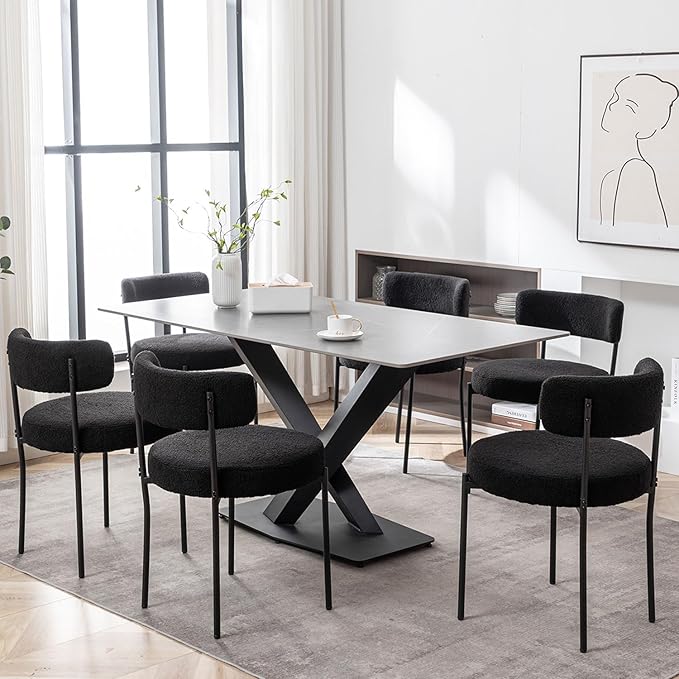 Black Boucle Dining Chairs Set of 4, Upholstered Dining Chairs with Black Met...