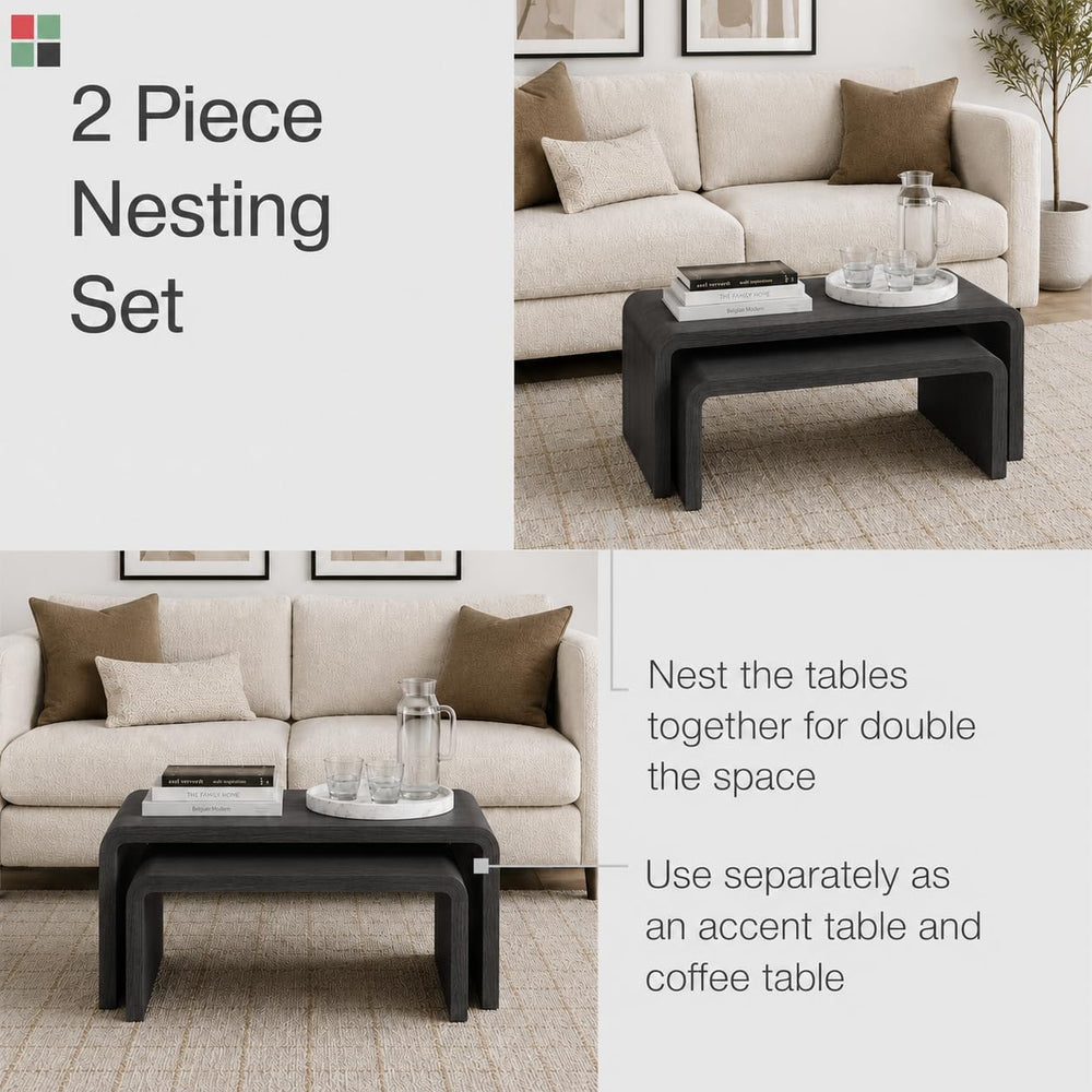 Stead Curved Nesting Coffee Table Set of 2, Modern Wood Nesting Tables for Li...
