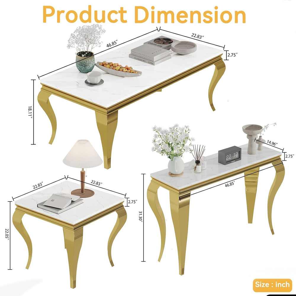 3 Piece Living Room Table Set, White Marble Coffee Table Set of 3, Modern Cof...