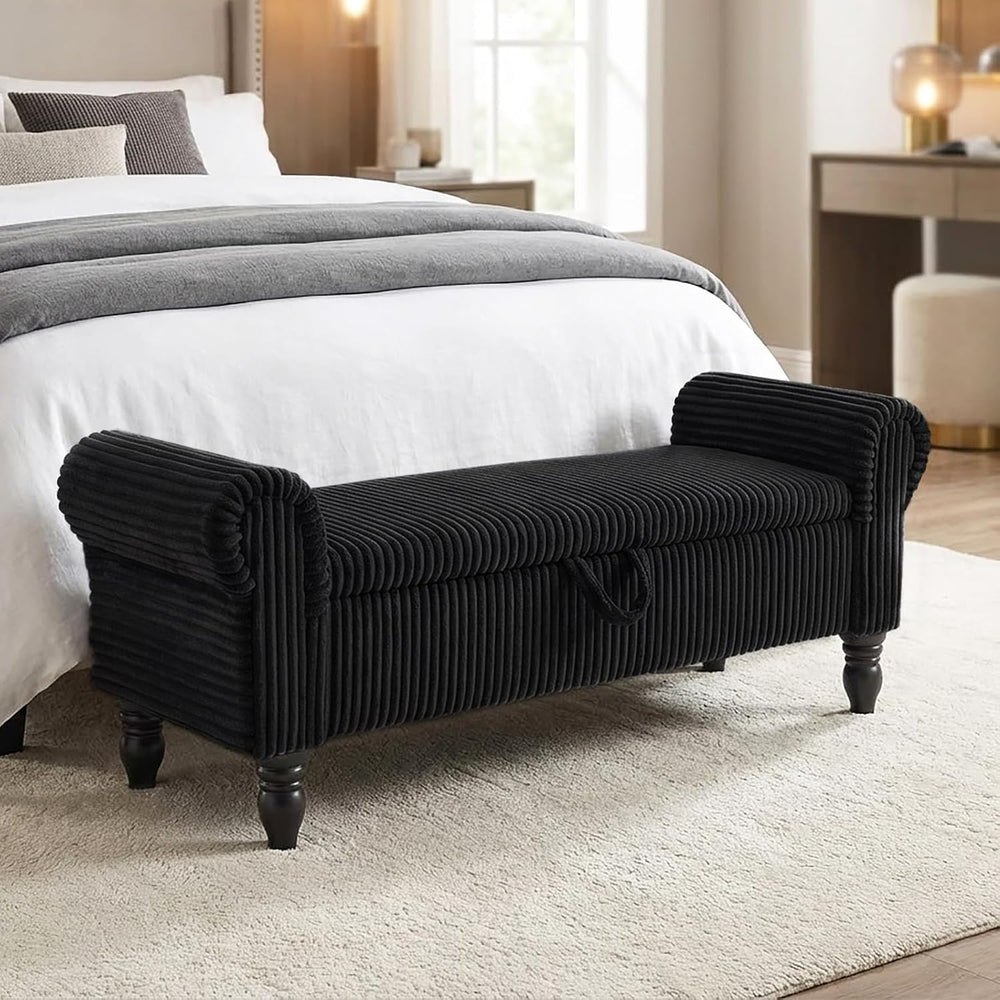 55" Corduroy Storage Ottoman Bench, Queen Bed, Black | End of Bed, Bedro...