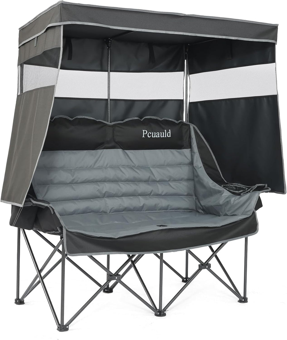 Double Camping Chair with Canopy Heavy Duty 2 Person Folding Loveseat Beach C...
