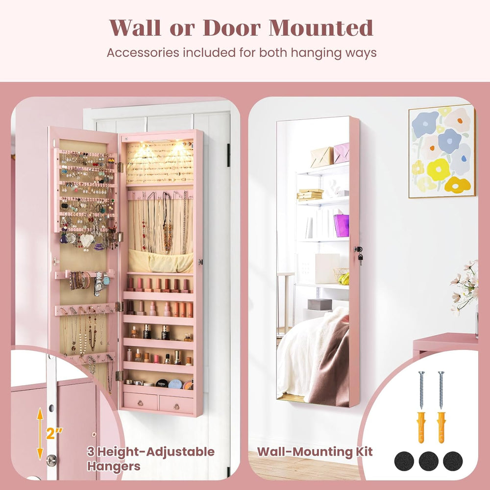 NAFORT 2 LEDs Jewelry Armoire with Full Length Mirror, Lockable Hanging Jewel...