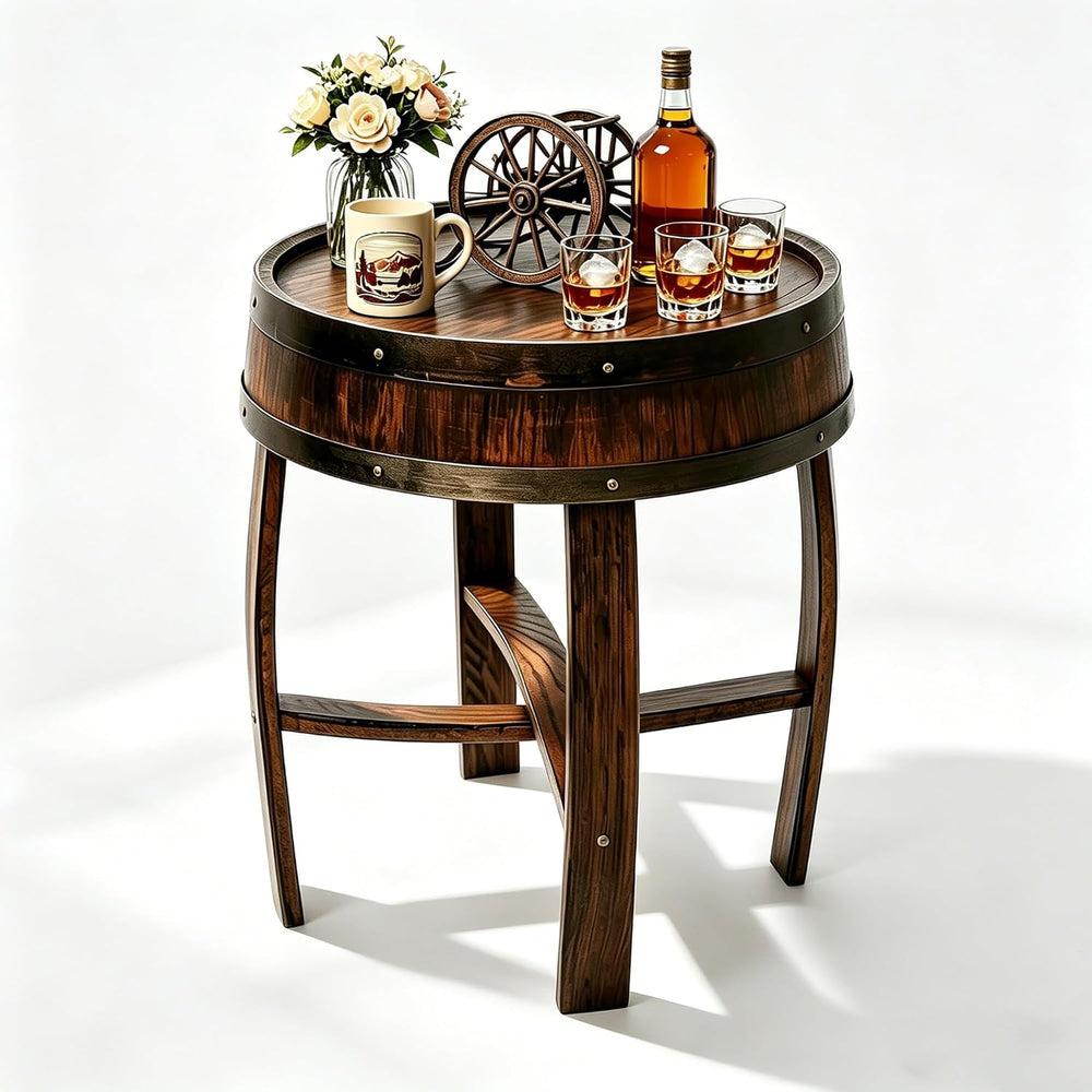 KANG DONG Rustic Round End Table, Whiskey Barrel End Table, Solid Wood Farmho...