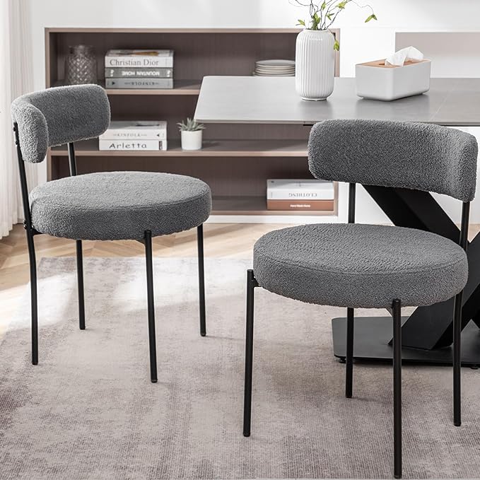 Grey Boucle Dining Chairs Set of 2, Upholstered Dining Room Chairs with Black...