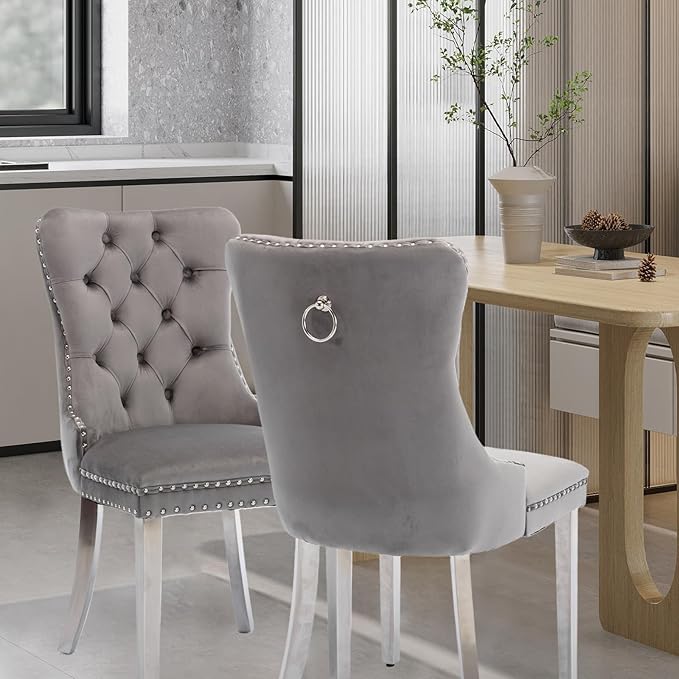 Velvet Upholstered Dining Chairs Set of 2, Modern Style Kitchen Side Chairs w...