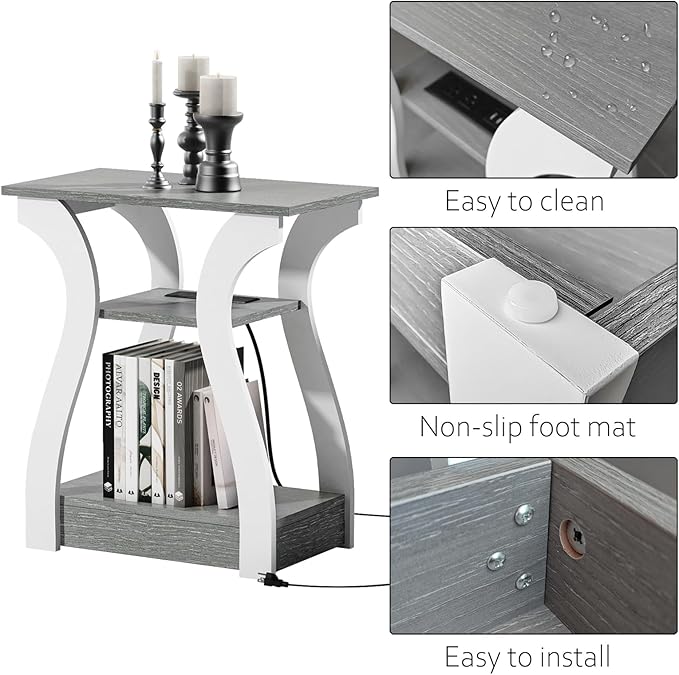 End Tables Living Room, Grey End Table with Charging Station, Grey Side Table...