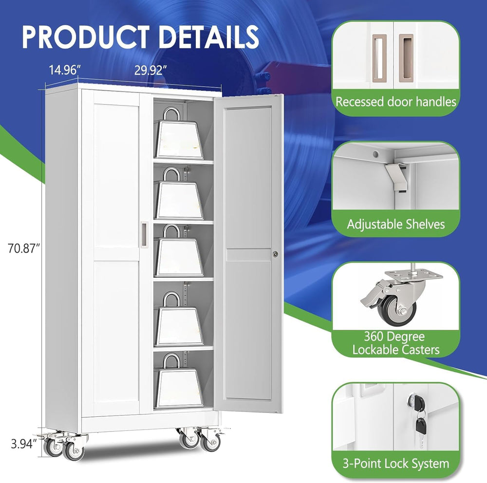 71" Metal Garage Storage Cabinet with Wheels and Locking Doors and Tall ...