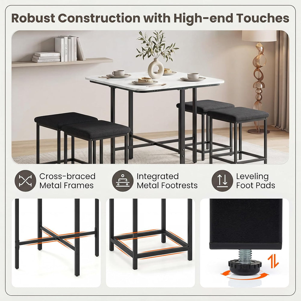 GIANTEX Dining Table Set for 4 with Upholstered Stools (White & Black) | ...