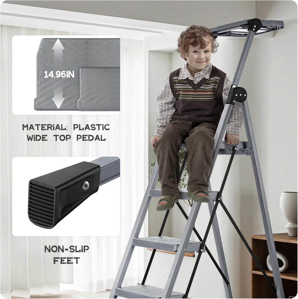 5 Step Ladder, Steel Stool with Foldable Handrail & Tool Tray