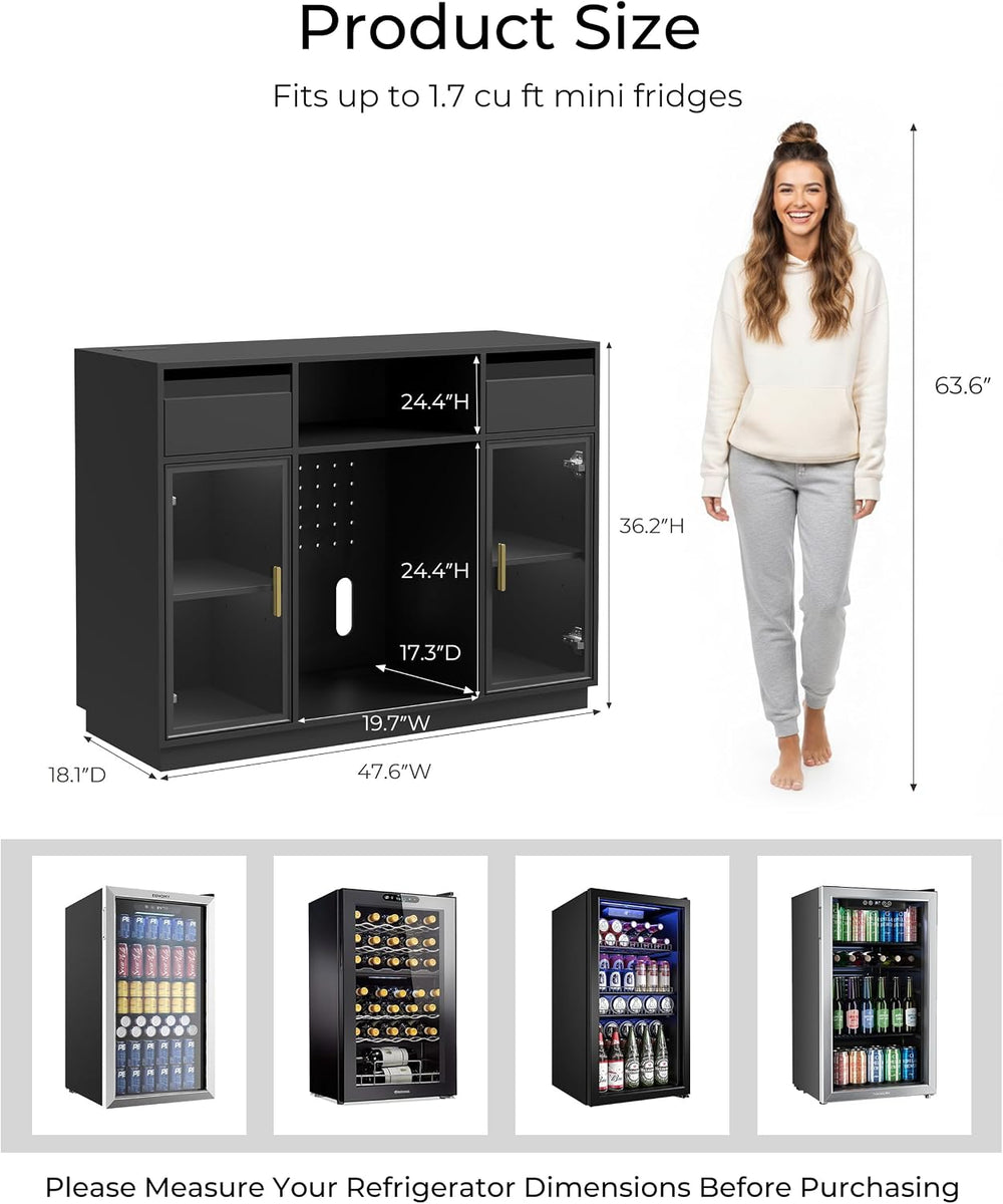 47" Large Coffee Bar Cabinet with Mini Fridge Space & LED Lights