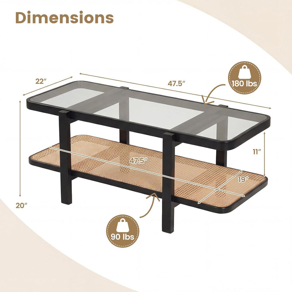 GOFLAME Rattan Coffee Table, 47.5” Solid Wood Center Table with Tempered Glas...