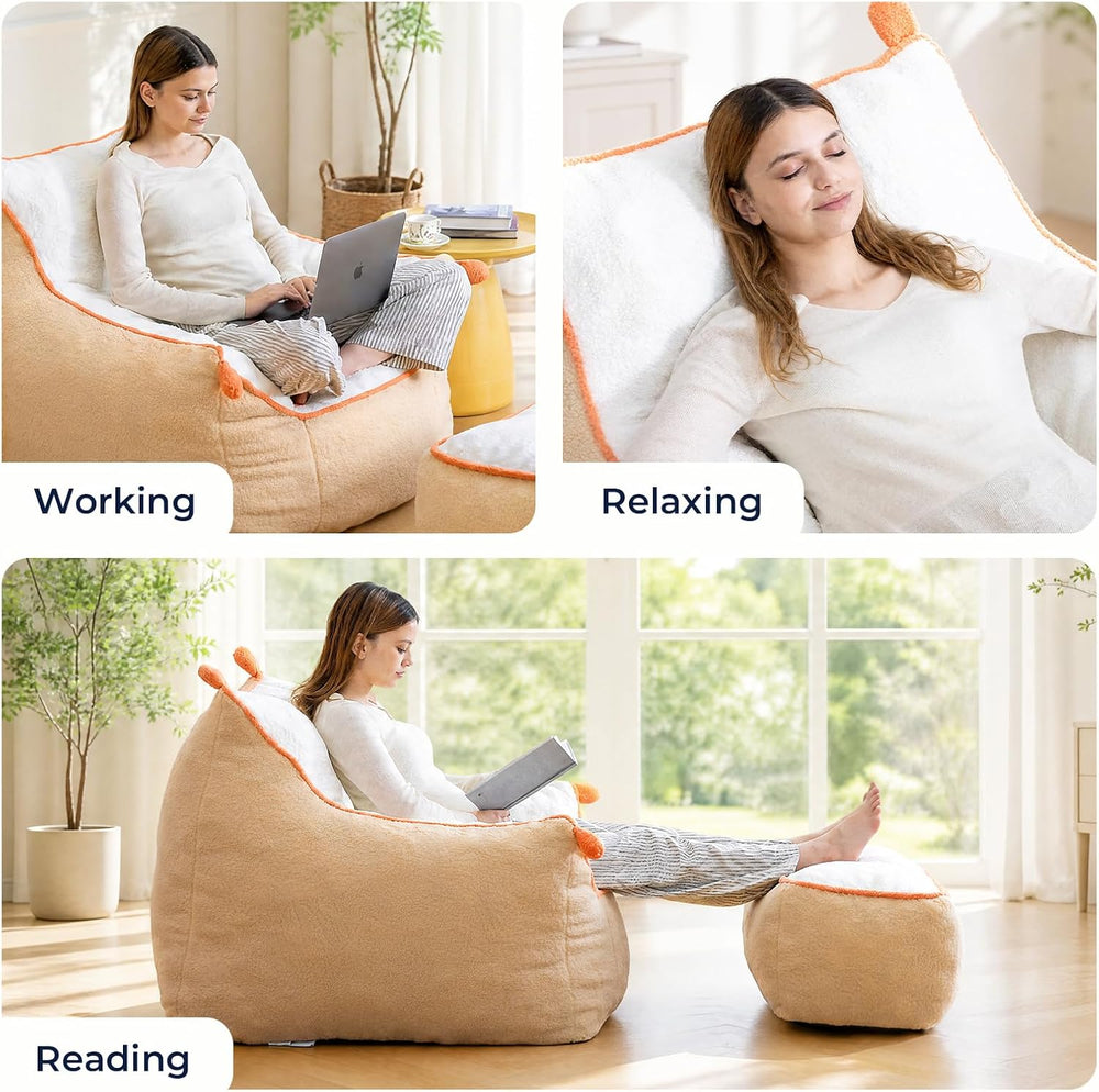 Bean Bag Chair with Armrests & Ottoman, Cozy Chaise Lounge for Teens | So...