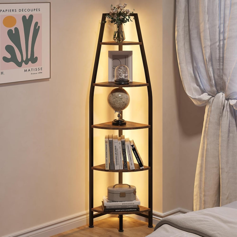 CHOEZON Corner Shelf with Lights, Corner Bookshelf with Metal Frame, 5-Tier T...