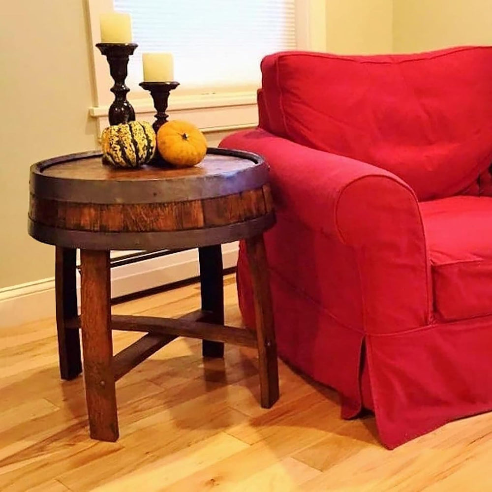Rustic Oak Whiskey Barrel End Table, 24" Tall x 22" Wide, Brown