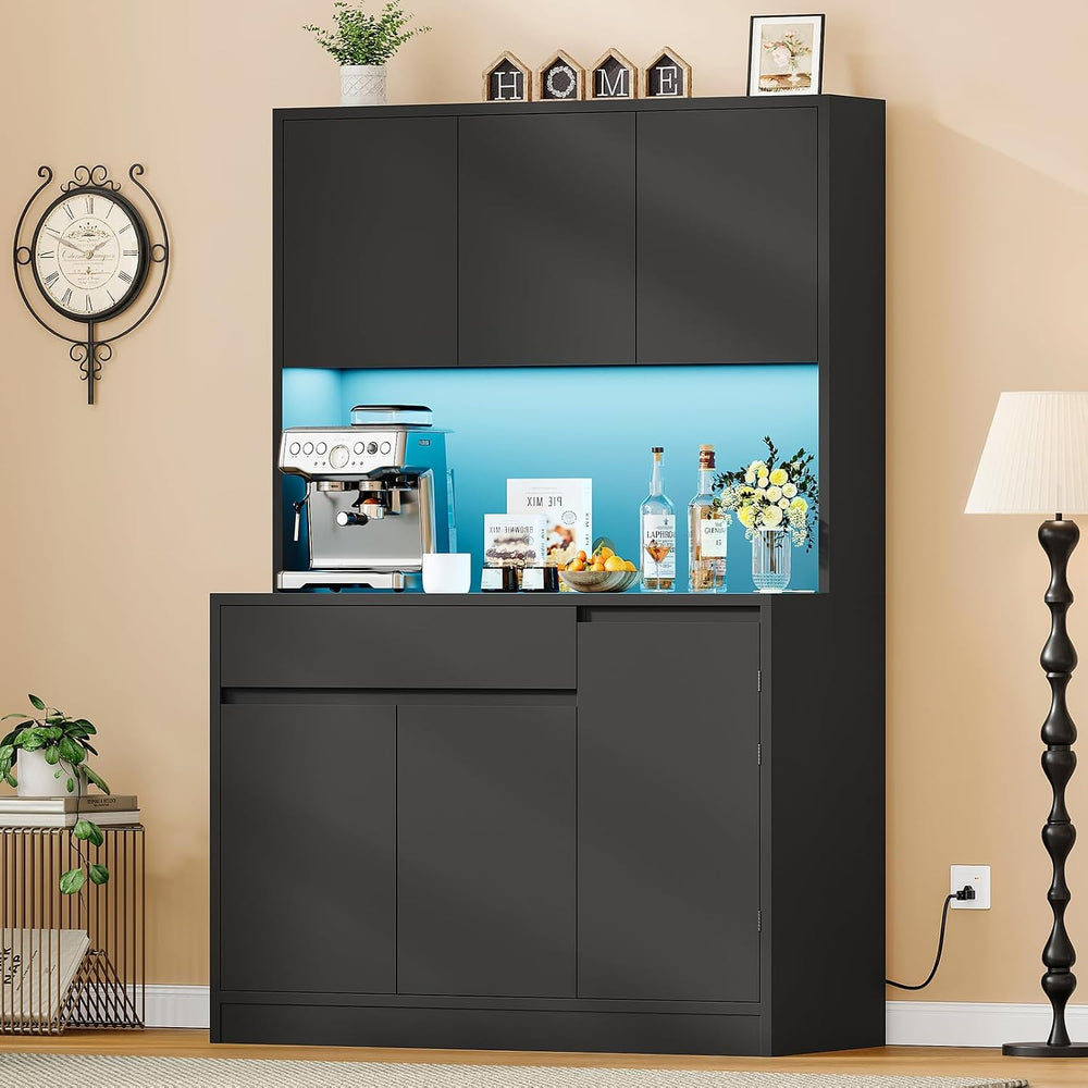 TEENFON Pantry Cabinet with Charging Station and LED Light, Kitchen Pantry Ca...