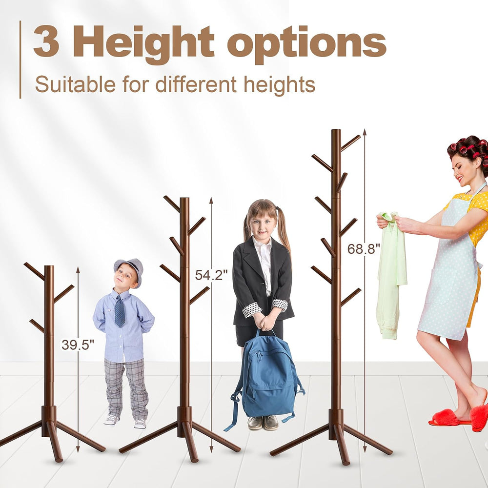 Wooden Coat Rack Stand, Freestanding Coat Rack with 8 Hooks, 3 Adjustable Siz...