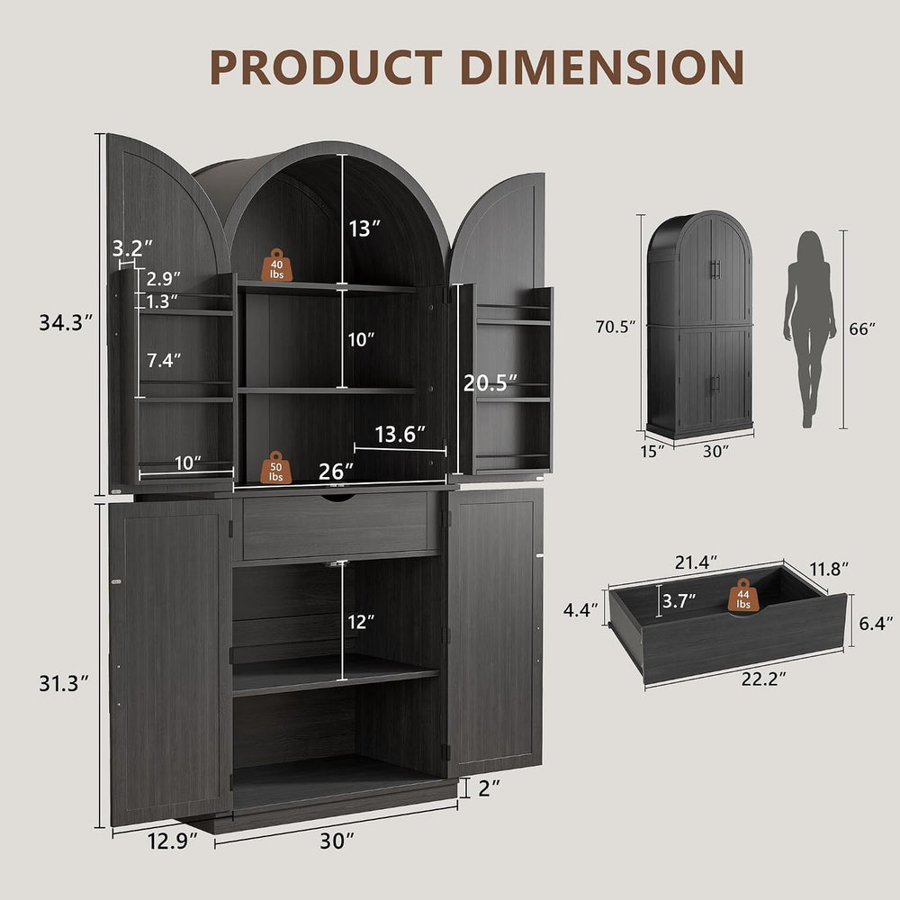 iPormis 71" Tall Arched Cabinet with Doors, Farmhouse Kitchen Pantry wit...