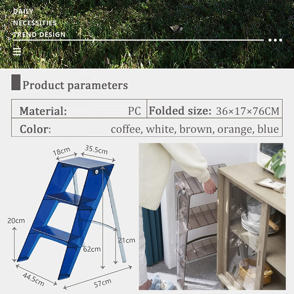 3 Step Ladder Step Stool Transparent Staircase Multi-Functional Folding Acryl...