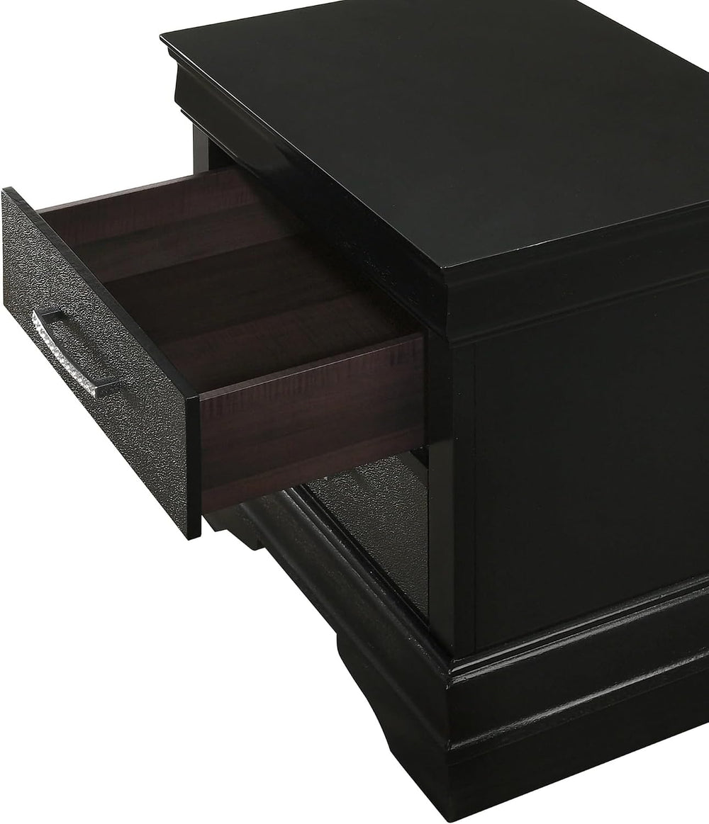 Modern Style Two Drawers Nightstand Black Finish Solid Wood Crystal-Like Butt...