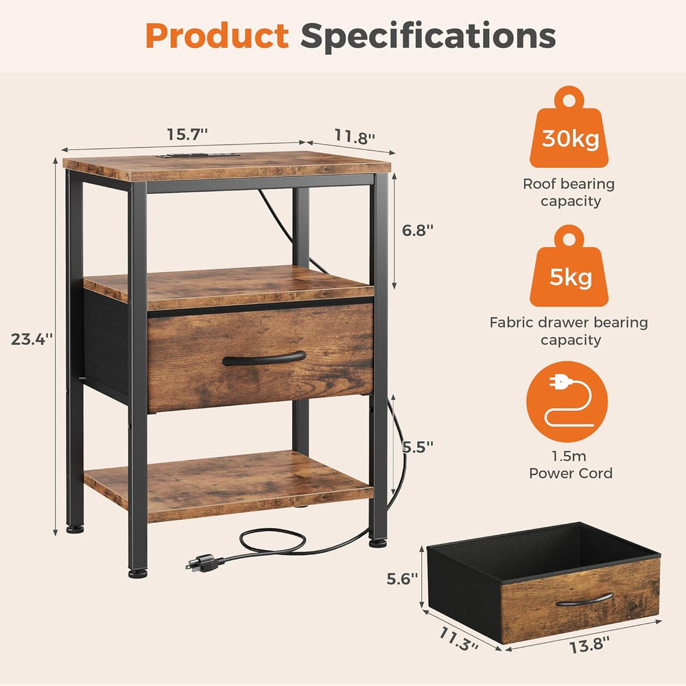 DUMOS Bedside Table with Charging Station and an Adjustable Fabric Drawer, an...