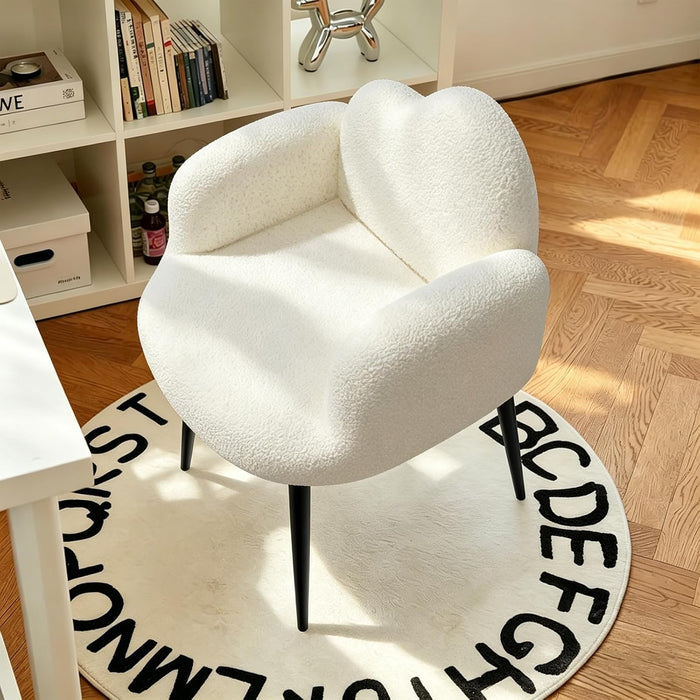 Modern Upholstered Vanity Chair with Arms, No Wheels Desk Chair, Soft Comfortable Accent Chair for Makeup, Bedroom, Living Room, Office or Balcony (White)
