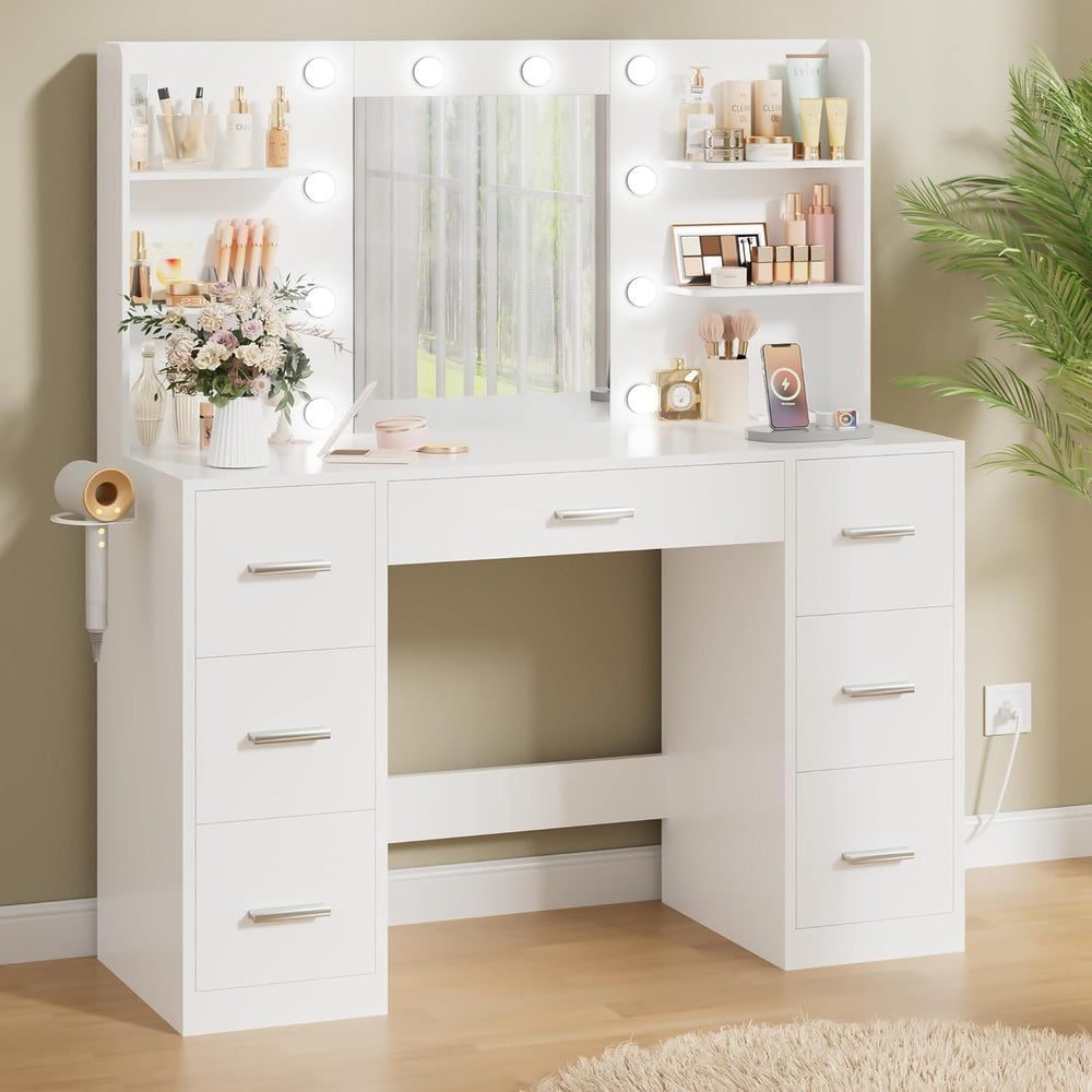 Makeup Vanity Desk with Mirror and 10 Lights, Table with 7 Drawers and 4 Open...