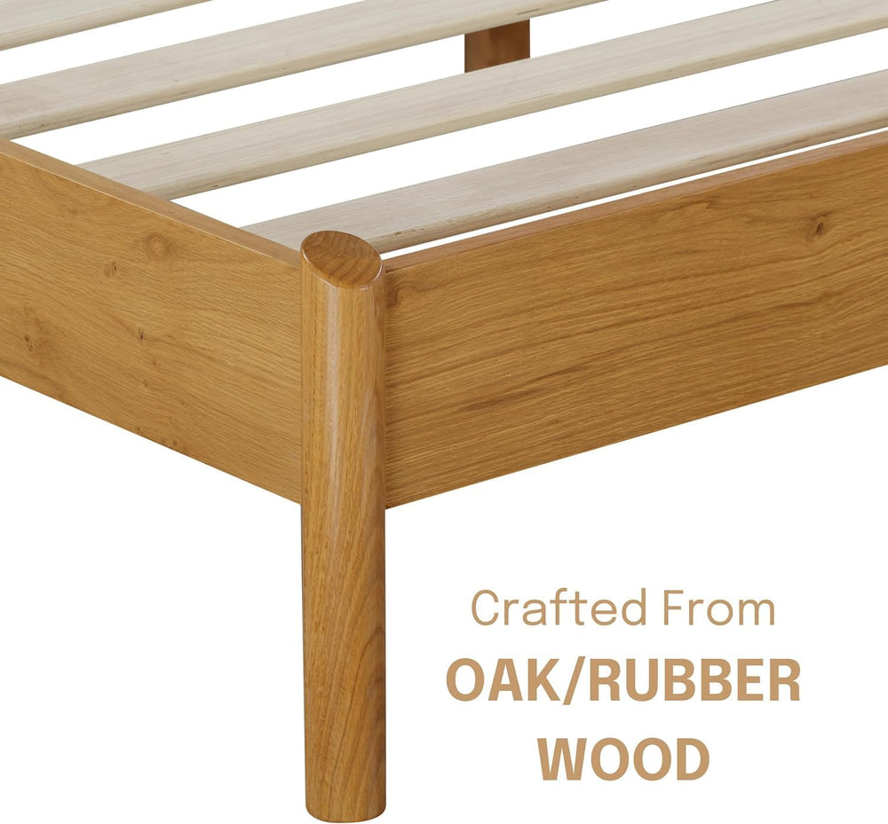 NTC Gem Wooden Bed Frame with Headboard and Natural Rattan, Solid Oak/Rubber ...