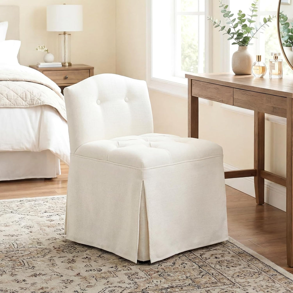 White Tufted Makeup Vanity Chair with Wheels, Small Upholstered Skirted Slipp...