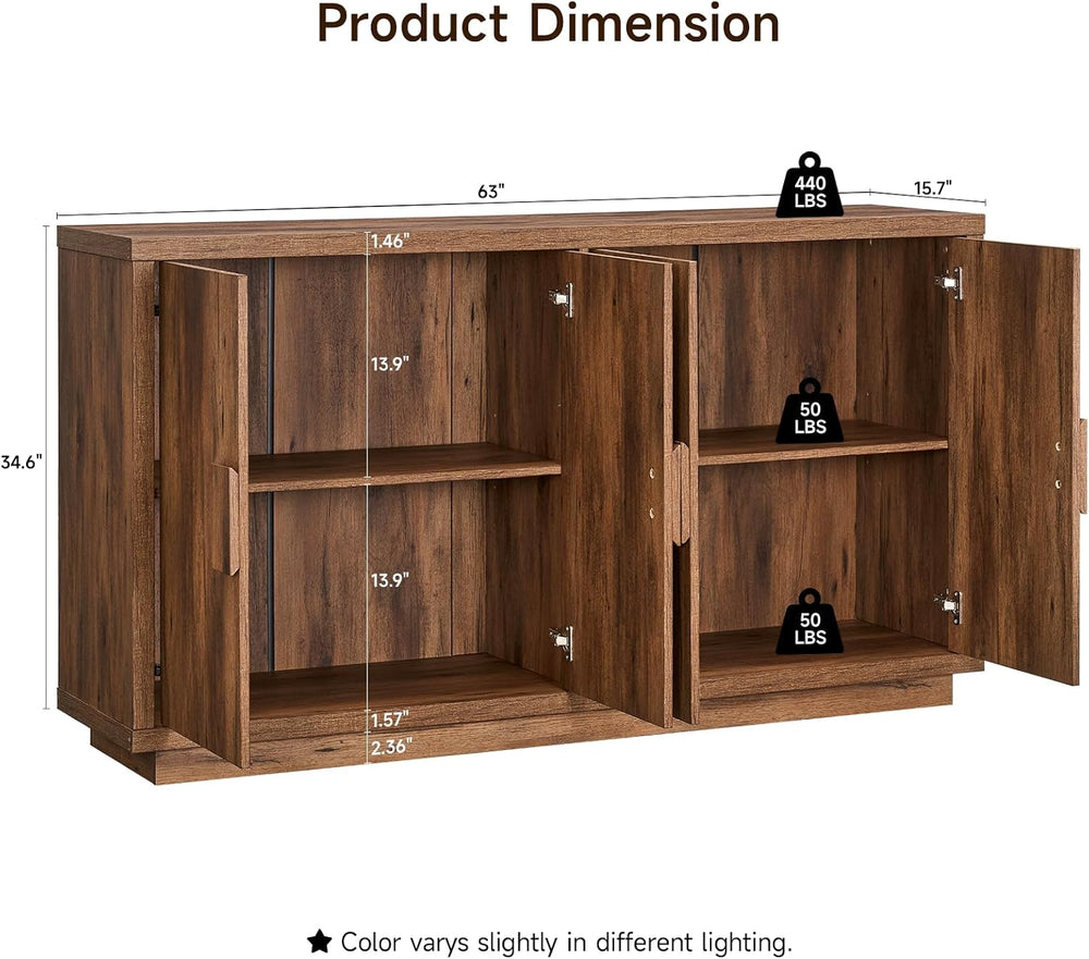 63" Sideboard Buffet Cabinet, Wooden Kitchen Coffee Bar, Brown