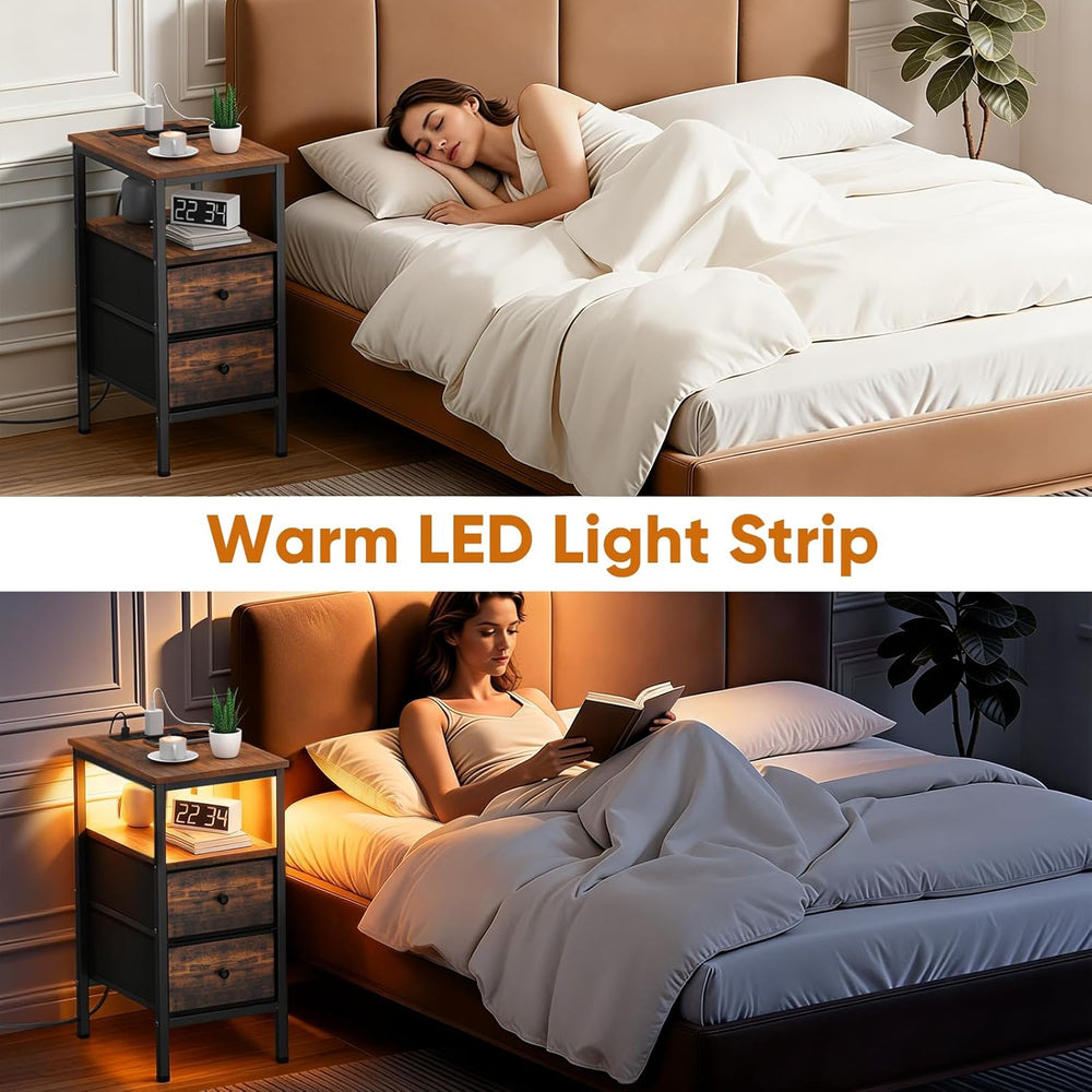Lewondr End Table with Charging Station and LED Light, Narrow Side Table with...