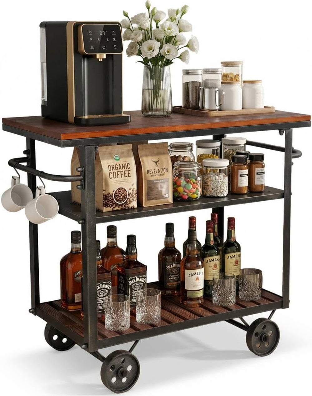 Vintage Rolling Bar Cart on Wheels Industrial Mobile Serving Cart Metal and W...