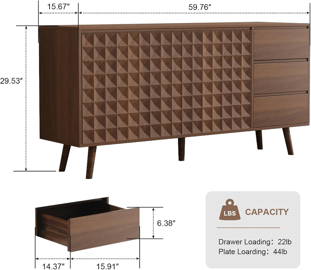 60" Buffet Cabinet with Storage, Sideboard Buffet Cabinet with 3 Drawers...